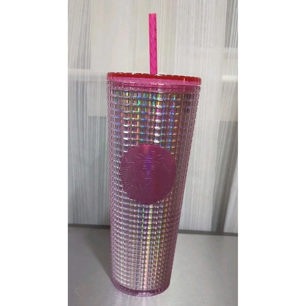 Starbucks 2023 Grid Bubblegum Gradient Pink Silver Iridescent Tumbler Cup 24‎ oz